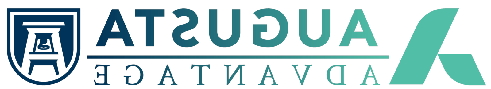 奥古斯塔的优势 logo composed of the 买世界杯app推荐 A icon in mint green on the left with the words 奥古斯塔的优势 in the center divided by a horizontal line followed by the 奥古斯塔 University icon in Navy blue on the right. The whole logo transitions from mint green to Navy blue as you read from left to right.