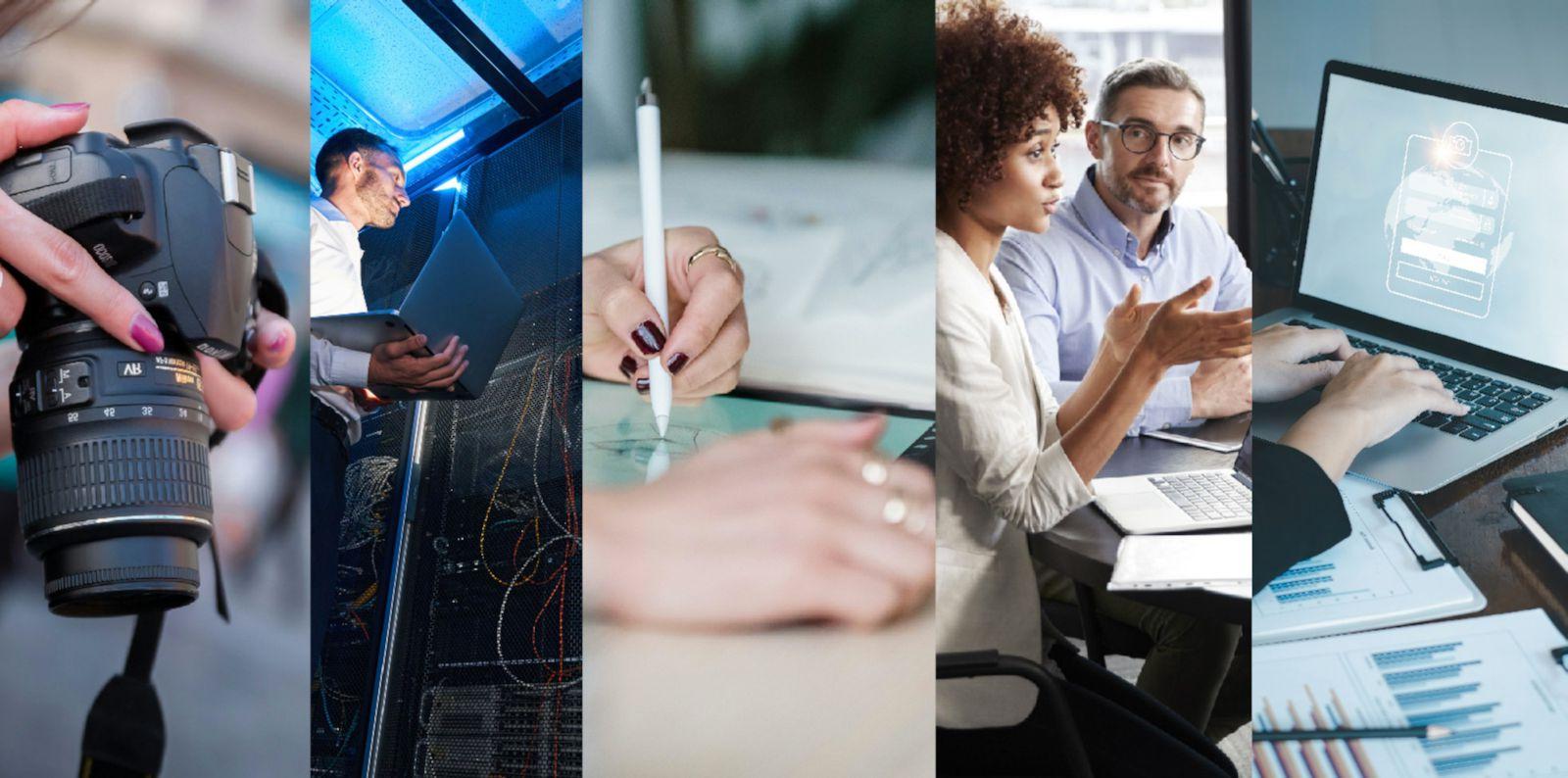 Five individuals composed of two African American males, 一位非裔美国女性, 白人男性, and a Caucasian female wear business casual clothes and sit around a round table discussing business using computers and paperwork.