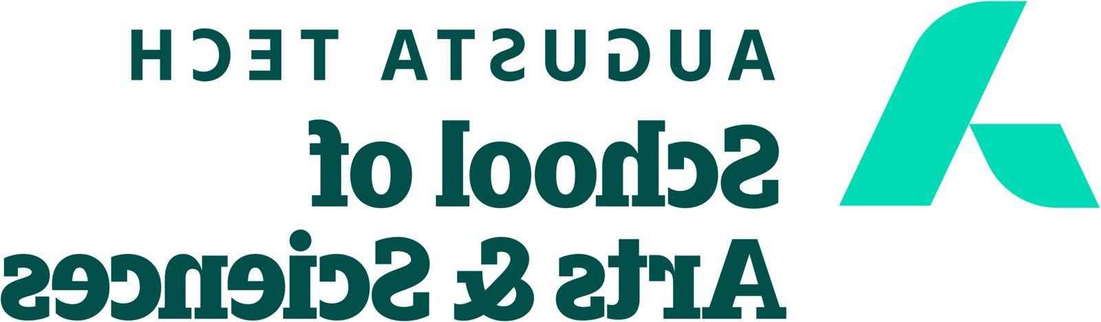 An uppercase abstract A in mint green composed of a smaller leg representing 奥古斯塔 Technical College supporting the larger leg representing the 奥古斯塔 Community and economy. The words 奥古斯塔 Tech and School of Arts & Sciences are in heritage green font to the right of the a, stacked in three horizontal rows with School of Arts & Sciences in bold font.